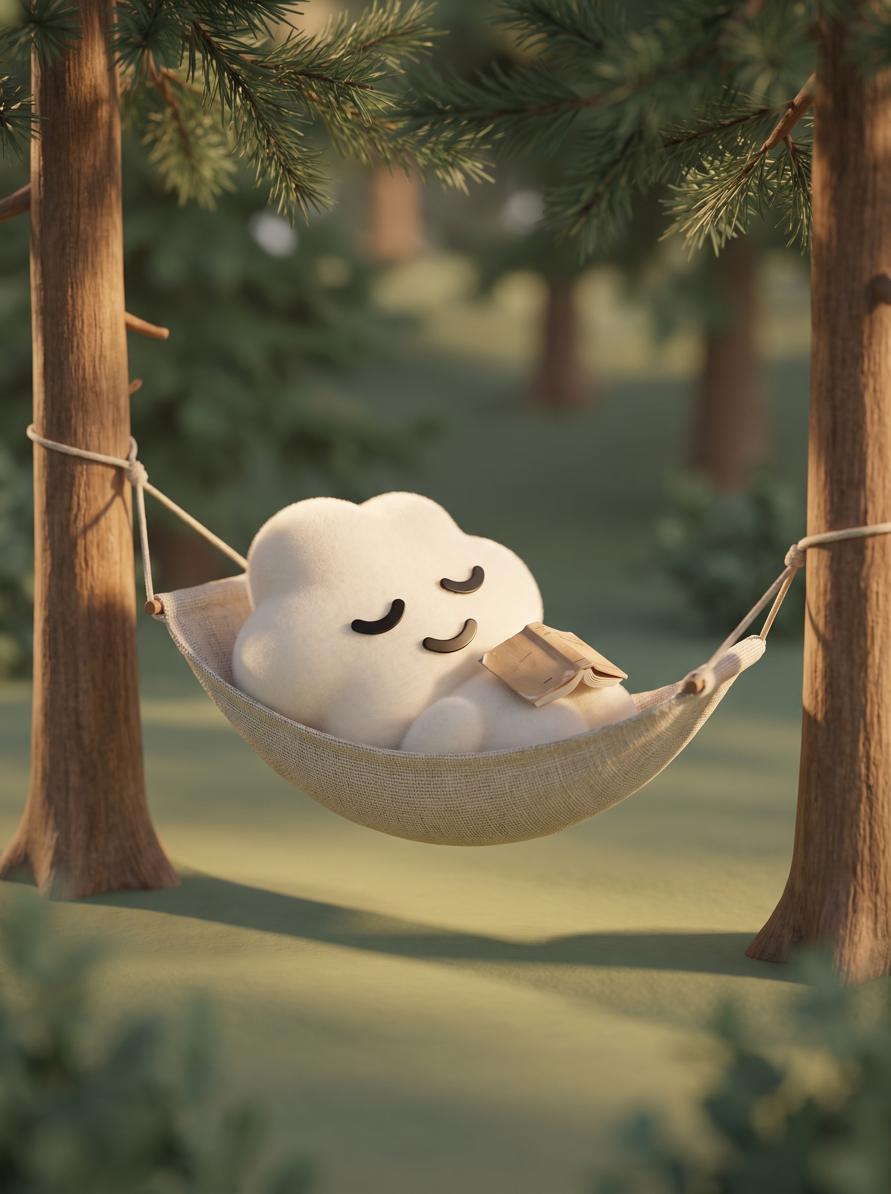 The Quick Meditate cloud napping in a hammock between pine trees.
