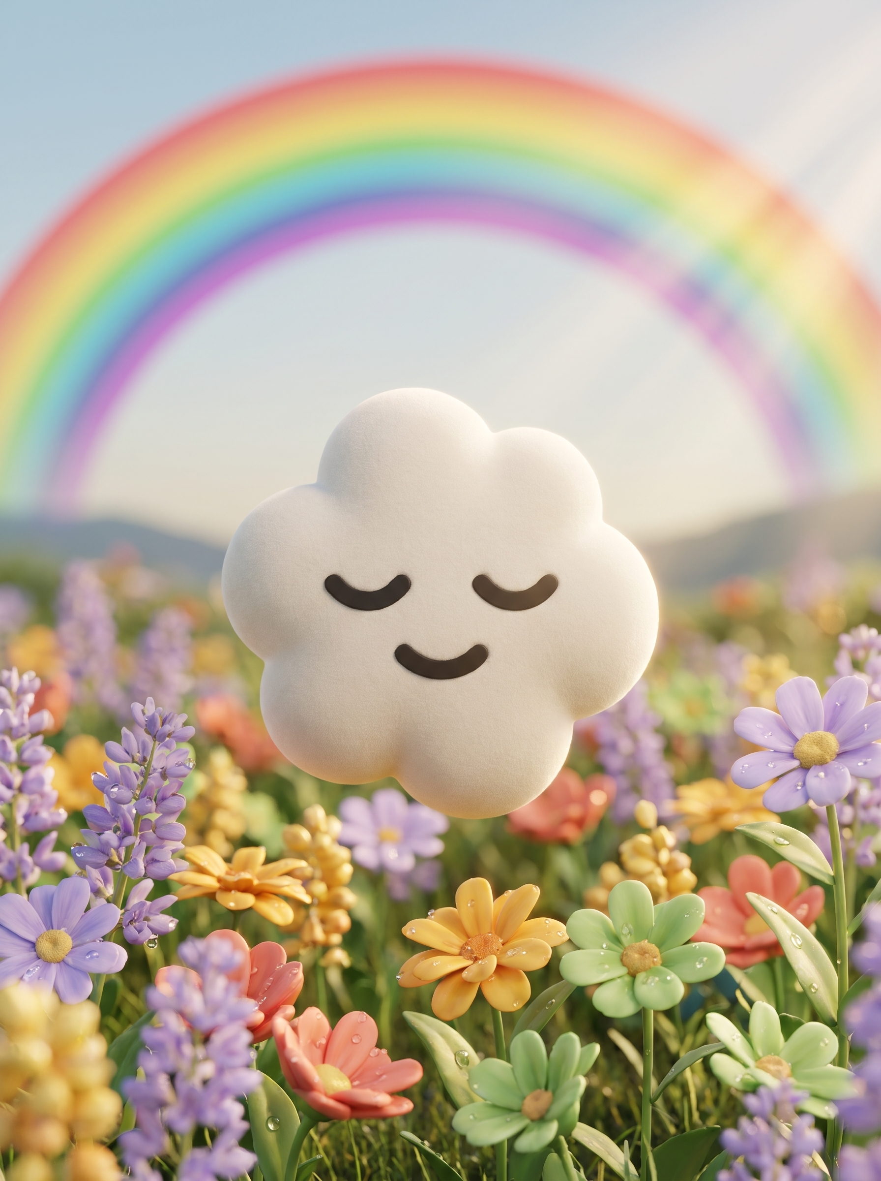 The Quick Meditate cloud floating beneath a rainbow in a wildflower meadow.