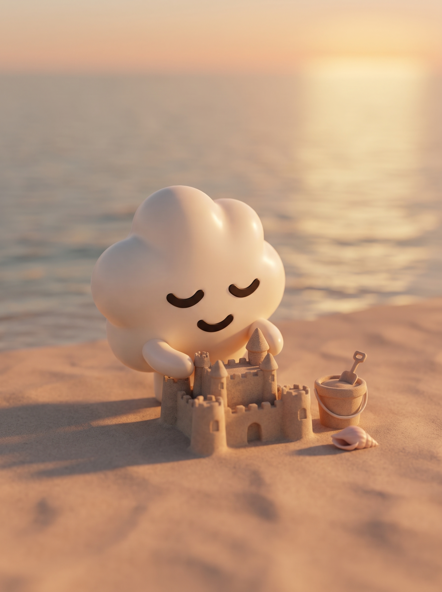 The Quick Meditate cloud building a tiny sandcastle at sunset.